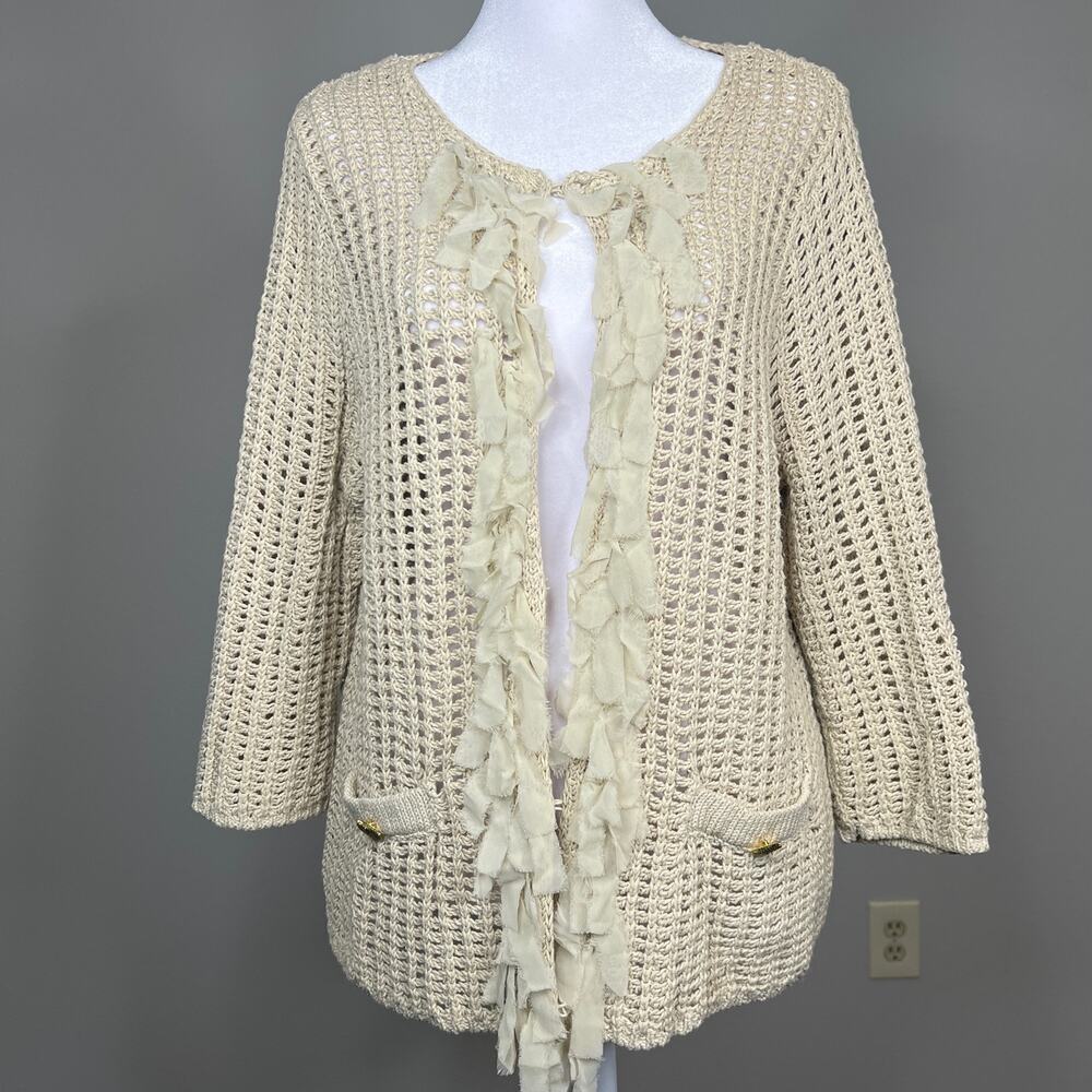 Chicos Size 2 Large Brown Hook Eye Loose Knit Cardigan Sweater 3/4 Sleeve